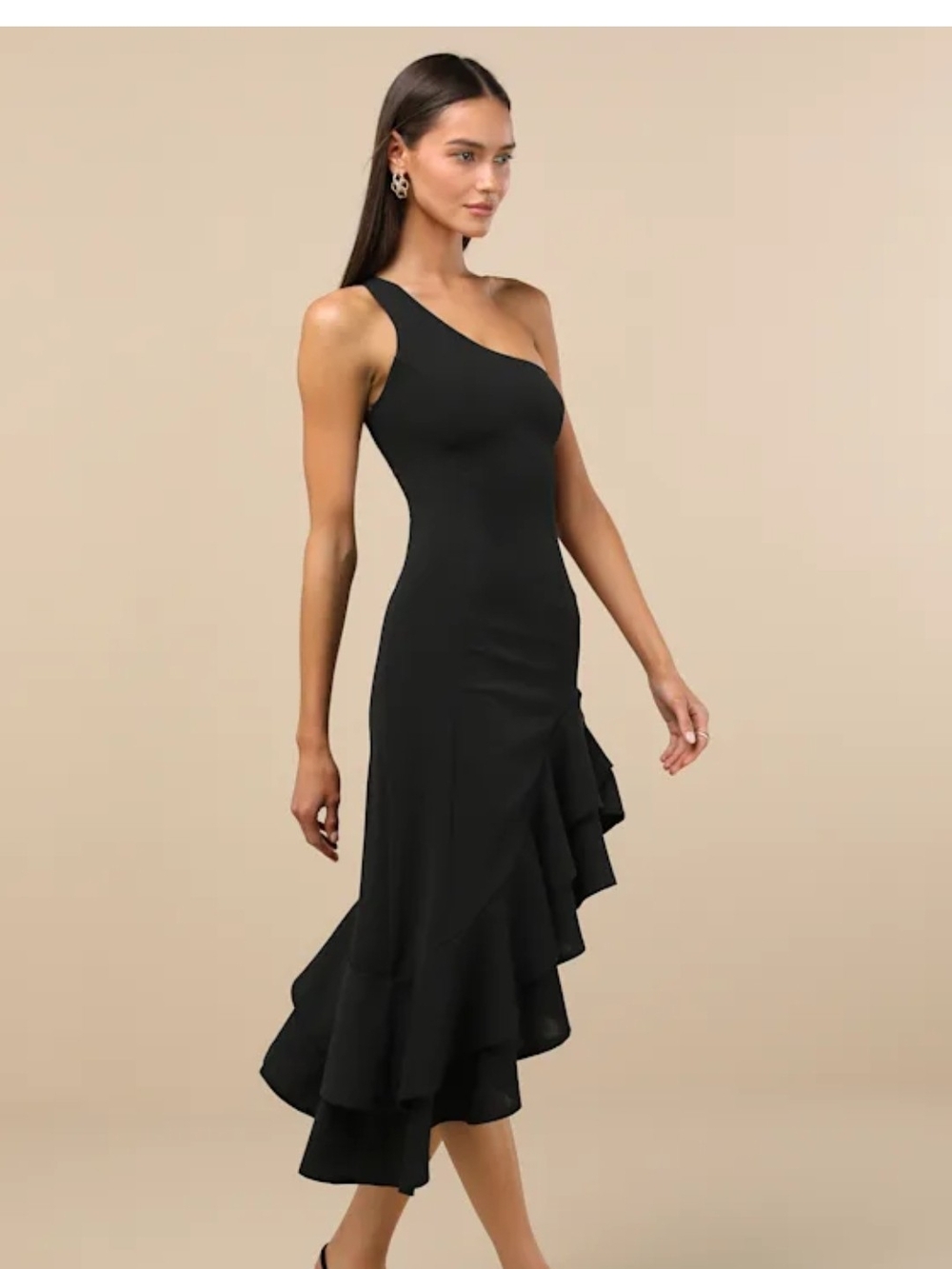 Lulus One-Shoulder Black Asymmetrical Ruffle Midi Dress Size S New